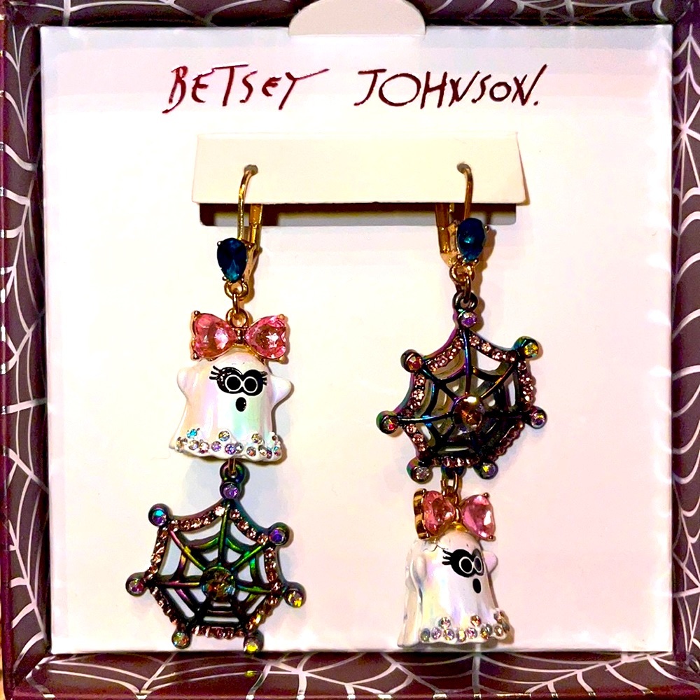 Betsey Johnson Ghost With Pink Bow & Web Earrings Fall Fun Halloween Party